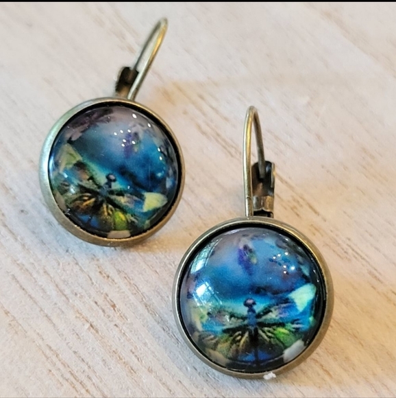Jewelry - Dragonfly Aquascape Domed Vintage Style Button Dangle Earrings